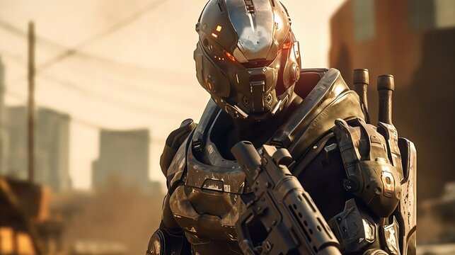 cyborg in a full body armor with a gun