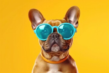 Happy French Bulldog Dog Portrait wearing summer sunglasses and looking at camera isolated on yellow gradient studio background. Generative AI