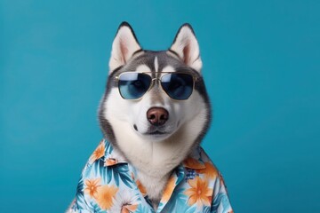 Happy Siberian Husky Dog Portrait wearing sunglasses and summer tropical shirt looking at camera isolated on blue gradient studio background. Generative AI