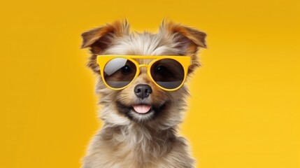 Happy Puppy Dog Portrait wearing summer sunglasses and looking at camera isolated on yellow gradient studio background. Generative AI