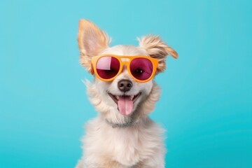 Happy Puppy Dog Portrait wearing summer sunglasses and looking at camera isolated on blue gradient studio background. Generative AI