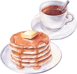 Watercolor illustration of pancakes with maple syrup and butter, cup of tea. Sweet breakfast