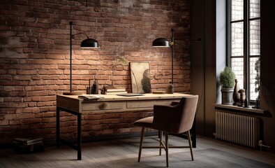 Modern office Interior with old vintage brick Wall. Artwork business space. Generative Ai.