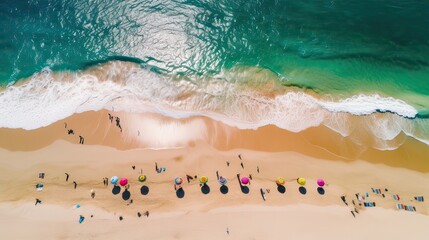 Fototapeta na wymiar Top view of sandy beach with turquoise sea water and colorful blue umbrellas, aerial drone shot. Generative Ai.