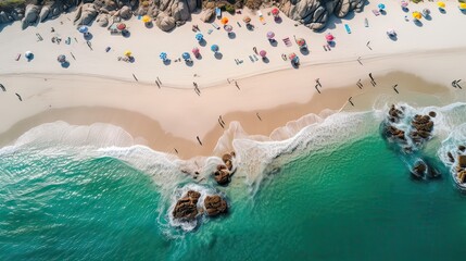 Top view of sandy beach with turquoise sea water and colorful blue umbrellas, aerial drone shot. Generative Ai.