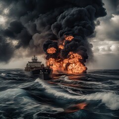 Fire on a cargo ship. A ship carrying liquefied gas is engulfed in flames. Explosion and fire on a gas carrier on the high seas. Generative Ai.