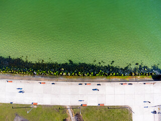 Aerial view landscape Poland Gdynia, city boulevard , drone photo, Baltic sea, concrete promenade,...