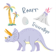 Cute dinosaur drawn as vector on white for kids fashion. Palm and volcano. Triceratops. © olga_milagros