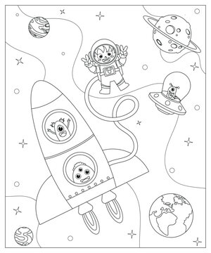 Coloring Page Outline Of a cartoon rocket in space. Coloring book for kids.