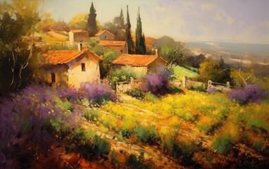 Naklejka premium beautiful rural summer landscape vineyards with a rustic house, a trip to Europe, art illustration painted, generative ai