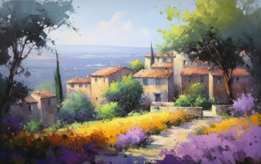 Naklejka premium beautiful rural summer landscape of a lavender field with a rustic house, a trip to Europe, art illustration painted, generative ai