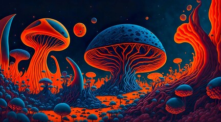 surreal, alien landscape of a microscopic fungi, Generative AI