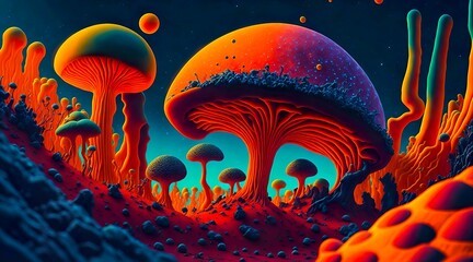 surreal, alien landscape of a microscopic fungi, Generative AI