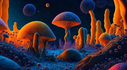 Fototapeta na wymiar surreal, alien landscape of a microscopic fungi, Generative AI