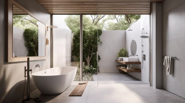 Contemporary Bathroom. Loft Interior Design Background. Generative AI.