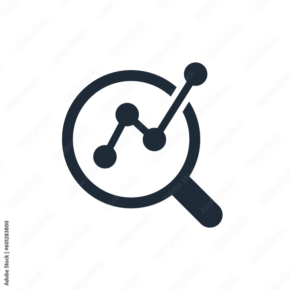Poster magnifying glass and сhart growing up. analysis and statistics data. report graph growth.vector line