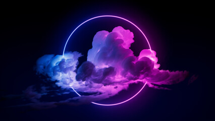 Cloud Formation Illuminated with Pink and Blue Fluorescent Light. Dark Environment with Circle shaped Neon Frame.