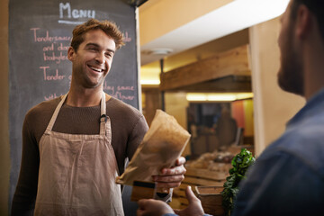 Man, cafe and customer paying for food or sandwich sale at supermarket or entrepreneur stall. Retail, male store owner or buyer at a restaurant for snack or business owner and shopping experience