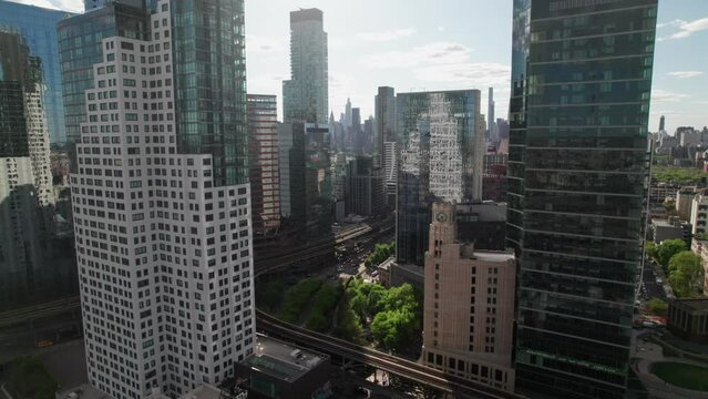 Luxury Hi-Rise buildings in trendy LIC, New York, 4K aerial panorama