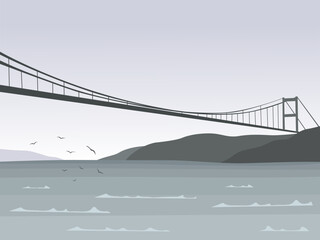 Vector urban illustration with sea and a bridge - 601284223