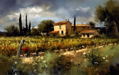 Obraz premium beautiful rural summer landscape vineyards with a rustic house, a trip to Europe, art illustration painted, generative ai