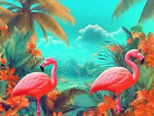 Colorful summer vibe. Flamingos, palm trees tropical summer texture. Bright Summer colors. Generative AI