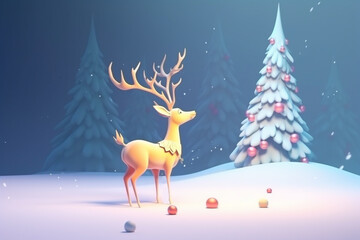 Obraz na płótnie Canvas 雪の中のクリスマスツリーとトナカイ　Generative AI
