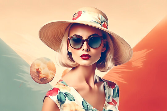 Fashion woman retro style. Travel collage , pop art. Post processed AI generated image