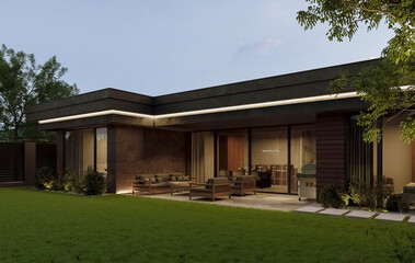 Fototapeta na wymiar Modern house with a flat roof and panoramic windows surrounded by nature. Evening illumination of facades. 3D visualization