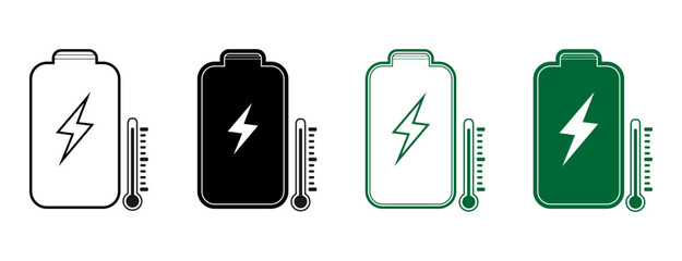 Eco Accumulator Cold or warm temperature line and silhouette icons set. Battery with thermometer icon. Collection of green energy colors. Isolated mathematical illustration.