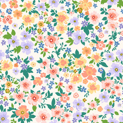 Seamless pattern. Vector flower design with cute wildflowers. Floral illustrations depicting red, yellow, light purple and blue flowers with green leaves.