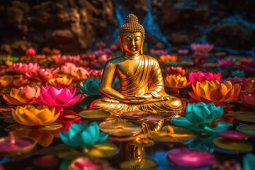 Lotus flowers and gold buddha statue, generative AI
