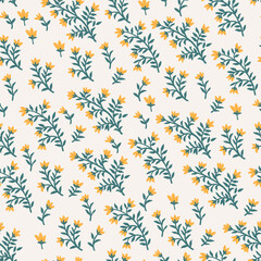 Stylish, delicate, romantic, fashionable pattern with small elements of plants on a light background. Seamless vector. Lots of yellow flowers on green twigs.