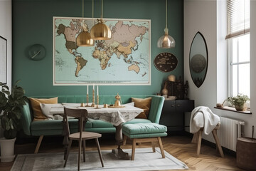 Interior of a chic and eclectic dining area with a mock up poster map, chairs that share a table, a gold pedant lamp, and an excellent sofa in the second room. Wooden parquet, generative AI - obrazy, fototapety, plakaty