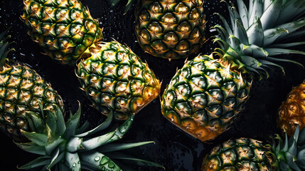 Fresh ripe pineapple with water drops background. Fruits backdrop. Generative AI - obrazy, fototapety, plakaty