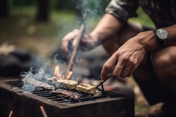 a man roasts a barbecue in nature, an unrecognizable person, close-up, selective focus