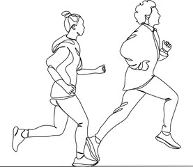 continuous single drawn one line man and woman on a run. character woman and man running around

