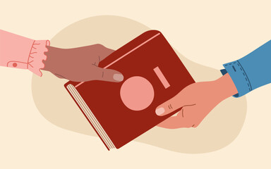 Book exchange concept. Human hands swap literature. Hand drawn vector illustration isolated on light background. Modern flat cartoon style.