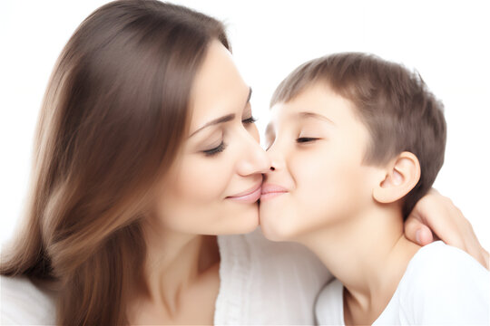 Caucasian brunette mother and child kissing and hugging on a white background