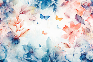 Beautiful abstract background with flowers and butterflies in watercolor style. Generative AI.