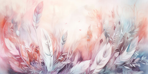 Beautiful abstract background with feathers in watercolor style. Generative AI.