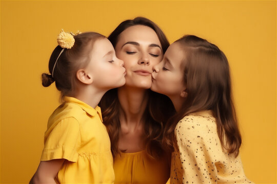 Caucasian mid woman and two children kissing and hugging on a yellow background