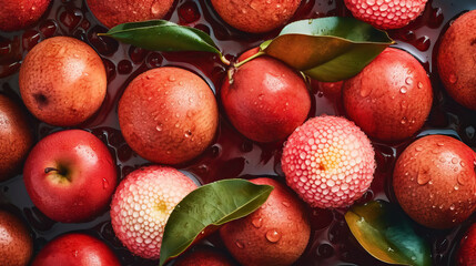 Fresh ripe lychees with water drops background. Fruits backdrop. Generative AI