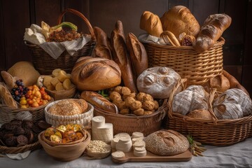 bread basket overflowing with artisan breads of various shapes and sizes, created with generative ai