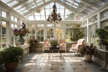 Fototapeta na wymiar conservatory filled with florals and greenery for elegant and serene display, created with generative ai