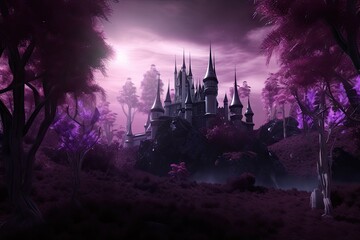 Fototapeta na wymiar magically dark purple forest with enchanted castle in the distance, created with generative ai