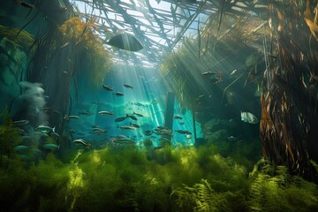 underwater garden with kelp forest and schools of fish swimming overhead, created with generative ai
