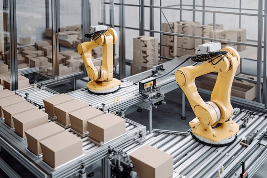 packaging and sorting robots working together to sort products in warehouse, created with generative ai