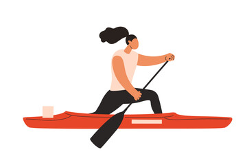 Fototapeta premium Woman athlete canoeing on racing boat. Vector hand drawn illustration. 