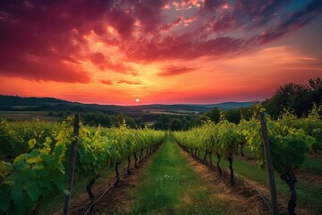 Fototapeta na wymiar vineyard in the evening, with sunset sky and vibrant colors, created with generative ai